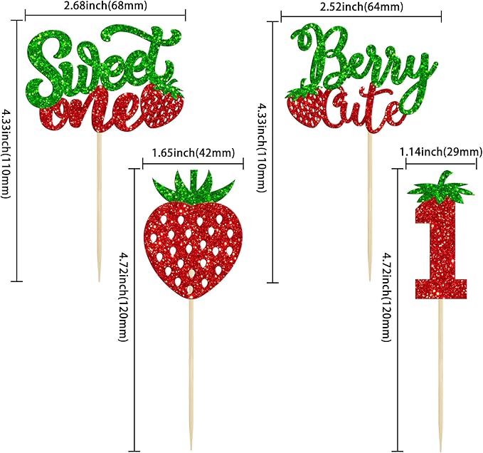 24Pcs Sweet One Cupcake Toppers Glitter First Birthday Strawberry Cupcake Picks for Fruit Baby Shower 1st Birthday Berry Sweet Cupcake Decorations Party Supplies Green