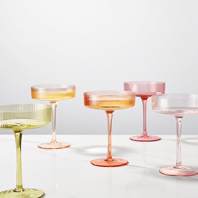 Khen Pastels Colored Vintage Art Deco Coupe Glasses - Martini, Cocktail & Champagne Ribbed Glasses 7oz | Set of 5 | Bright Pastel Crystal Glassware, Goblet Cocktails, Stemmed Ripple Glassware Gifts