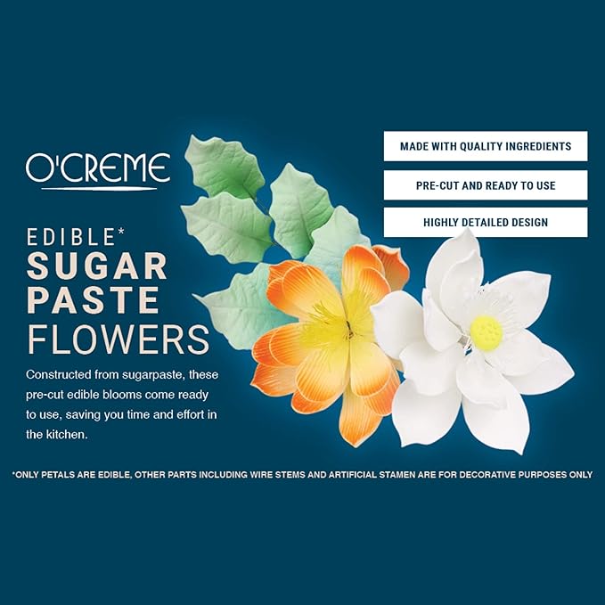 O'Creme Peony Gumpaste Flower 4-5 Inch, Set of 3 White - Edible Flowers for Cake Decorating - Sugar Paste Flower Decorations for Cakes, Cupcake Toppers - Birthday Party, Wedding, Valentines Day