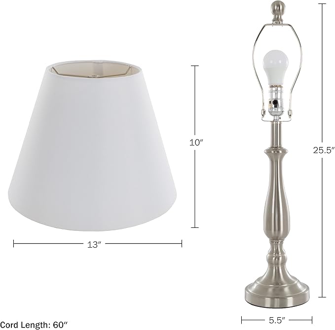 Brushed Steel Table Lamps - Set of 2 Traditional Accent Lights with LED Bulbs - Home Décor for Bedroom, Living Room, Office, or Entry by Lavish Home