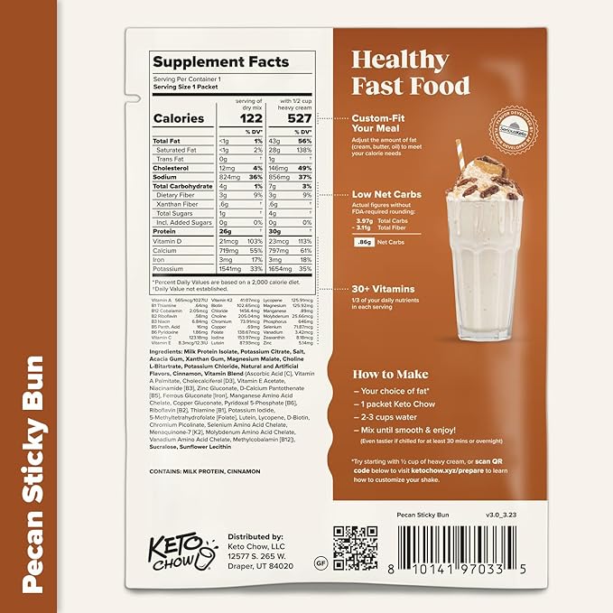Keto Chow Pecan Sticky Bun | Keto Meal Replacement Shake Powder | Nutritionally Complete Keto Food | Low Carb Keto Meals | Delicious Easy Meal Substitute Drink | Protein Rich You Choose The Fat | Single Meal Sample