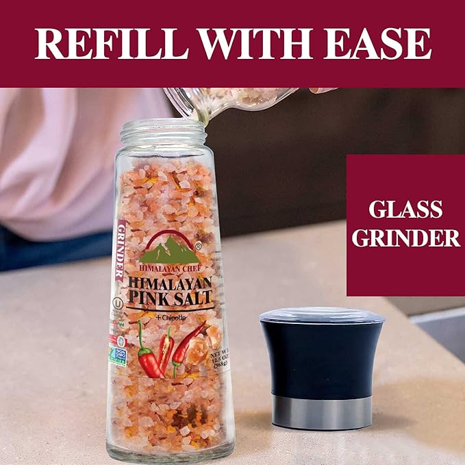 Himalayan Chef Pink Salt with Chipotle, Tall Glass Grinder, 10.58 Oz
