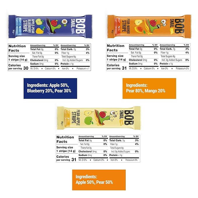 BOB SNAIL Healthy Organic Fruit Snacks for Kids and Adults ??30 Organic Fruit Leather Snacks with Pear & Apple, Blueberry, Mango ??Vegan Low-Carb Variety Pack Strips for Kids ??Sugar Free Jerky Bars