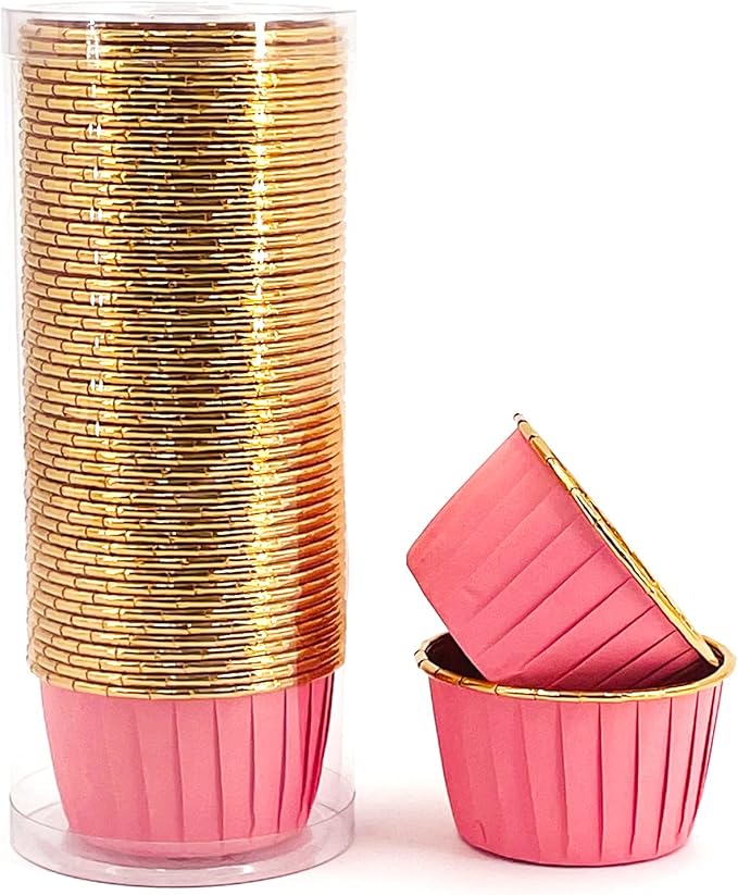 Party Hippo Foil Muffin Liners, 3.5 Oz 50 Pcs Disposable Cupcake Baking Cups, Gold Aluminum Ramekin Holders, Little Baking Cups (Pink)