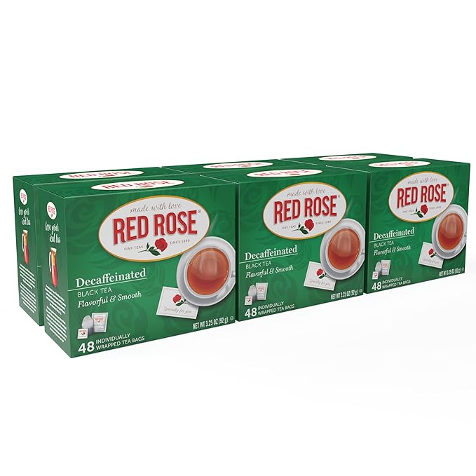 Red Rose Naturally Decaffeinated Black Tea, Smooth & Flavorful Decaf for Iced or Hot Tea in Bulk, Gluten-Free, 12 Pack of 48 Individually Wrapped Teabags, 576 Teabags Total