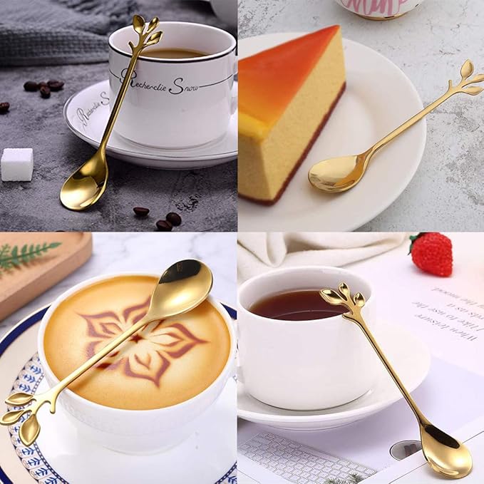 AnSaw Elegant Gold Leaf Coffee Spoons - 10-Piece, 4.7" Mini Stainless Steel Espresso & Dessert Tea Spoons, Perfect for Demitasse & Small Servings