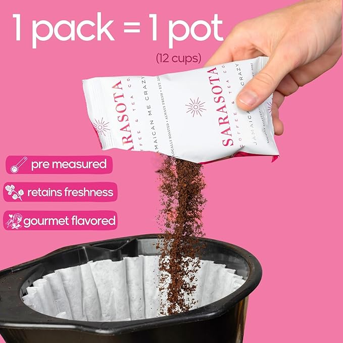 Sarasota Coffee Packs Bulk Ground Packets | Jamaican Me Crazy Flavored | Gourmet Assorted Gift Sampler | Low Acid Mold Free Individual Pouches for 12 Cup Coffee Maker | 1.75 Oz Bags, 100 Count