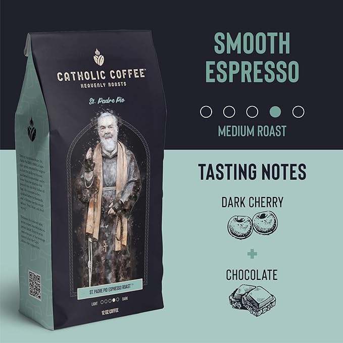 Catholic Coffee Padre Pio | Medium/Dark Roast Ground Coffee ??Dark Cherry & Chocolate Notes | 12oz Bag ??Catholic Gift Inspired by a Mystic and Healer