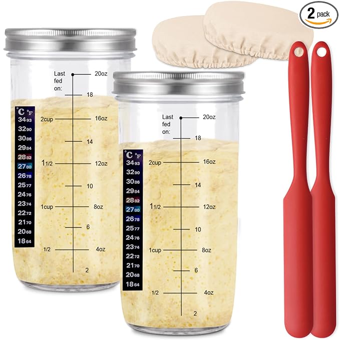 24 OZ/2 Pack Pro Pack Pro Sourdough Starter Kit ??Extra Thermometer Strips and Breathable Covers Included in Sourdough Starter Jar ??A Perfect Sourdough Bread Starter Kit for Beginners to Expert