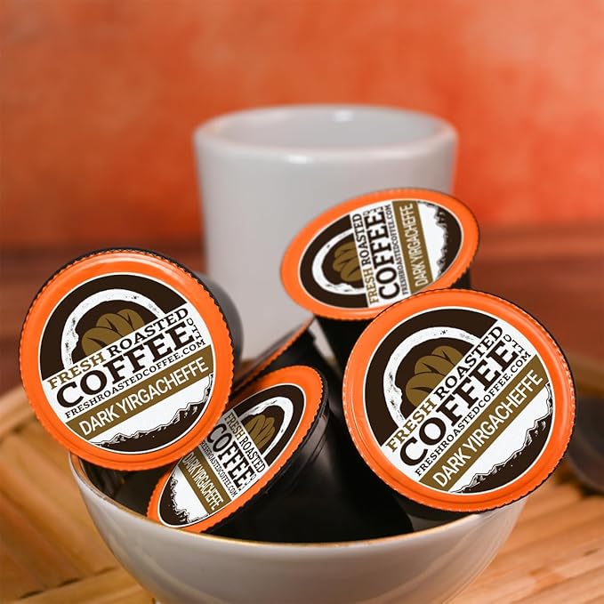 Fresh Roasted Coffee, Dark Ethiopian Yirgacheffe Kochere, Dark Roast, 24 Pods for K Cup Brewers