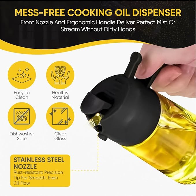 2-in-1 Olive Oil Dispenser Bottle, Spray and Pour, Multi-Use Kitchen Gadget, Food-Grade, Salad Dressing, Air Fryer, Healthy, BBQ, Barbecue (Black)