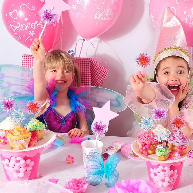 MEMOVAN Firework Cupcake Topper 120pcs Sparkle Tinsel Cake Toppers Foil Frill Toothpicks Drink Stirrer Cake Cupcake Decoration Cocktail Picks for Birthday Wedding Graduation Party Supplies