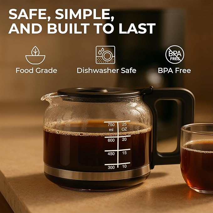 Kaffe Universal Replacement Coffee Carafe - 5 Cup Glass Pot for Drip Coffee Makers - Glass, Easy-Grip Handle, Sneak-A-Cup Compatible - Capacity Markings, Dishwasher Safe