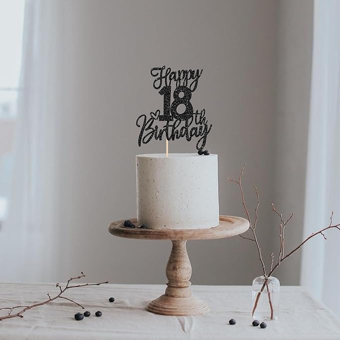 1 PCS Happy 18th Birthday Cake Topper Glitter Cheers to 18 Years Birthday Cake Pick Eighteen Hello 18 Fabulous Cake Decoration for Happy 18th Birthday Anniversary Party Decorations Supplies Black