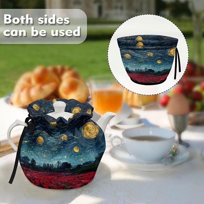 Art 3D Print Tea Cozy for Teapot Insulated Tea Cosy Breakfast Pot Dust Cover Kettle Tea Cozies with Drawstring for Home Kitchen Garden D챕cor