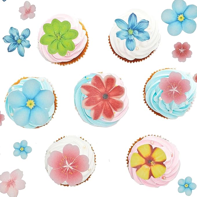 YOcity 35Pcs Edible Flowers Cake Toppers Edible Flowers Cupcake Topper Luau Hawaii Wafer Paper Flower Cake Decorations for Wedding Birthday Baby Shower Party Supplies Mixed Size & Colour