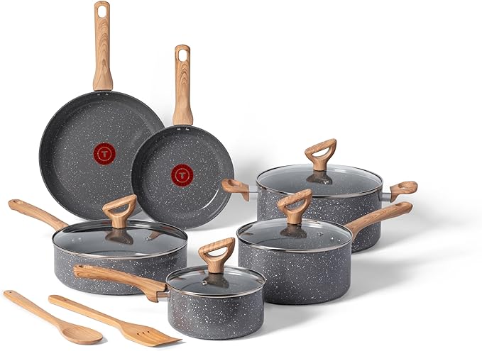 T-fal Revive Ceramic Cookware Sets, Pots and Pans Set Nonstick, (12 pieces), Ceramic Non stick Coated, Frying Pan, Oven Safe Up To 350ยฐF, Grey Granite