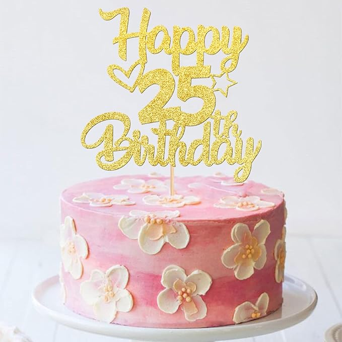1 Pack Happy 25th Birthday Cake Topper Glitter Heart Star 25 Fabulous Cake Pick Birthday Sign Cake Decorations for Children 25th Birthday Theme Party Supplies Gold