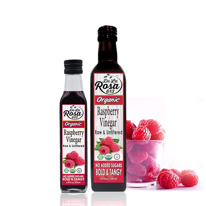 De La Rosa Organic Raspberry Vinegar, Raw & Unfiltered Pure Vinegar, Vegan, Gluten Free & Kosher, Great for Organic Salad Dressing and Marinades, Flavored Vinegar 16.9 Oz (Pack of 1)