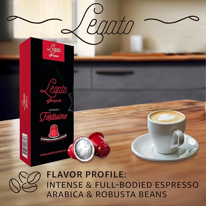 Legato Espresso Capsules - 10/100 count - Single-Serve Coffee Pods - Compatible with Nespresso OriginalLine Machine - Cafe-style Coffee at Home (10, Fortissimo Strength 9)