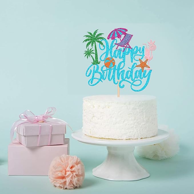 Rsstarxi 1 Pack Summer Beach Happy Birthday Cake Topper Pool Birthday Cake Decorations Chair Ball Cupcake Picks for Hawaiian Holiday Baby Shower Party Decorations Blue