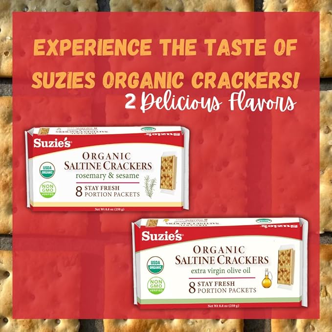 Suzie's Organic Saltines Crackers|Salted w/Extra Virgin Olive Oil|Low Saturated Fat|Healthy Gourmet Baked Vegan Snack for Adults & Children| 12 Packs (96 individual Stay Fresh Packs) - 8.8oz Each