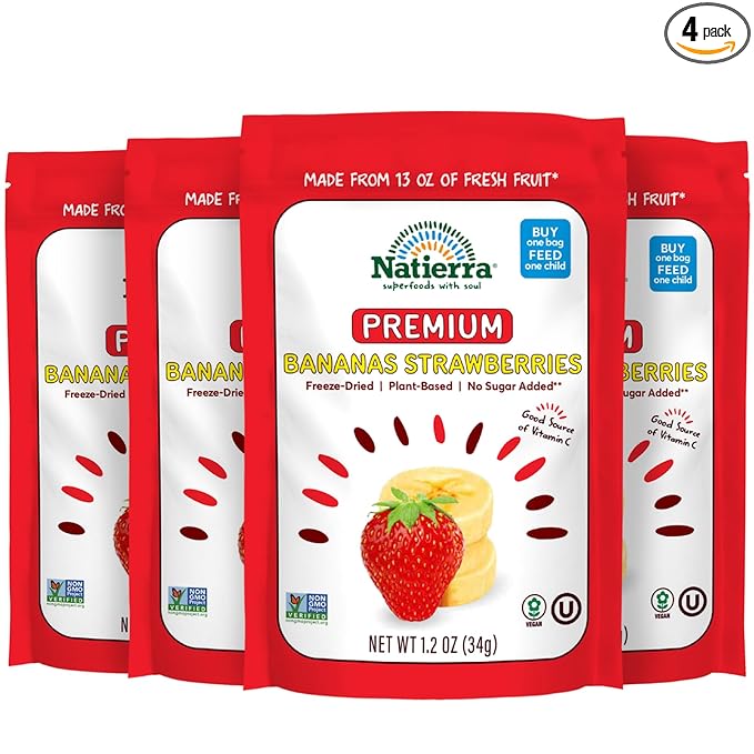 NATIERRA Premium Freeze-Dried Bananas and Strawberries | Non-GMO & Vegan | 1.2 Ounce (Pack of 4)