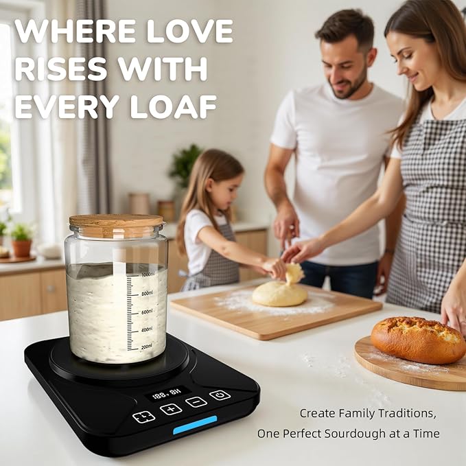 Sourdough Starter Warmer Mat - 24H Timer - Precise 1°F Thermostat Control (70-100°F) - Smart Memory Warming On/Off - Fits Jars Up to 40oz - Perfect for Home Baking (Black)