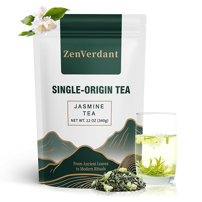 ZenVerdant Premium Jasmine Green Tea Loose Leaf, 12oz | 7x Scented, Low Caffeine, High Antioxidant | Cold Brew Ready, Smooth Taste, Natural Floral Notes