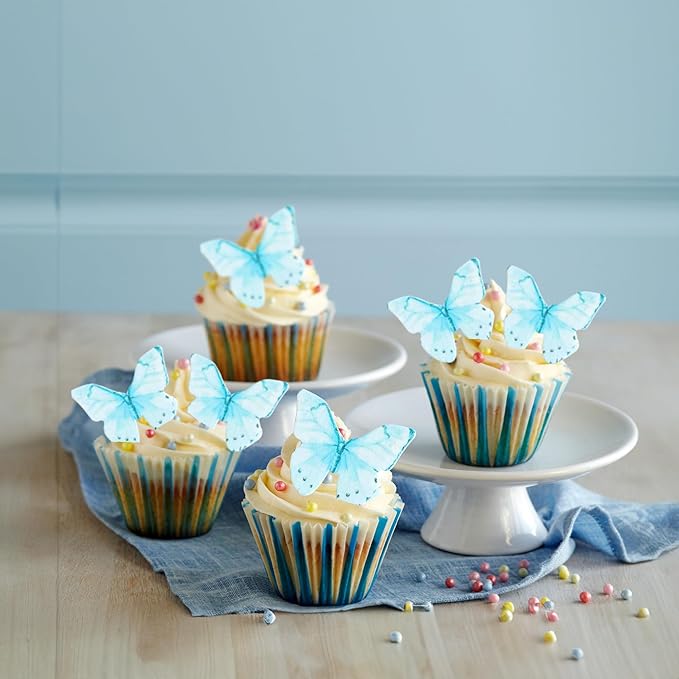 Ephlyn 48Pcs Edible Wafer Paper Butterflies for Cupcake Toppers Picks Edible Butterfly Cake Decorations for Wedding Birthday Party Baby Shower Kids Birthday Party Cake Supplies Light Blue