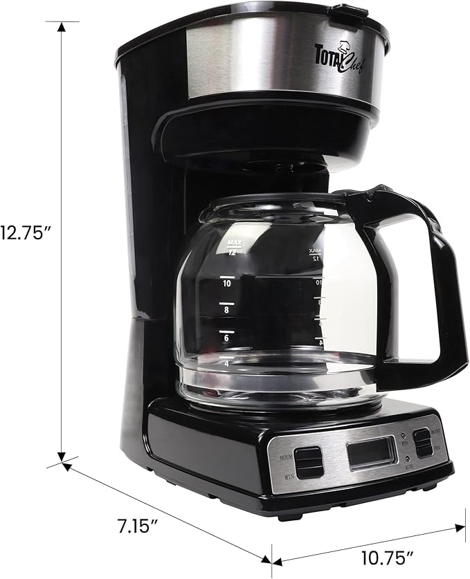 Total Chef Drip Coffee Maker ??12 Cup Programmable Cafe Machine With Glass Pot, Regular & Bold Brew, Autoshut Off Large Water Reservoir, Reusable Filter, Kitchen Appliances For Cafeteria Barista