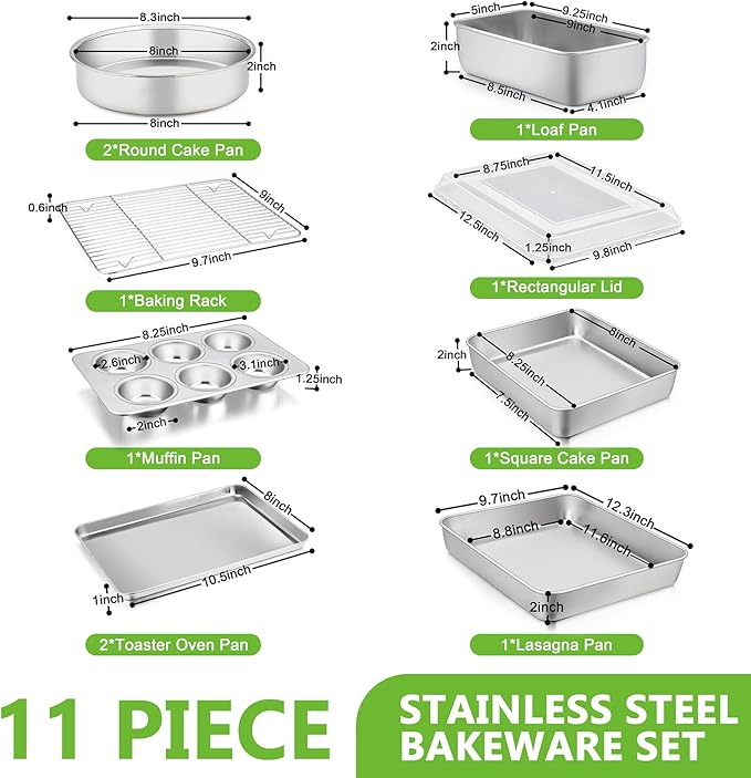 Bakeware Sets of 11, P&P CHEF Stainless Steel Baking Pans Set, Includes Baking Sheets and Rack, Lasagna Pan with Lid, Round/Square Cake Pan, Muffin Pans, Loaf Pan, Reusable & Durable