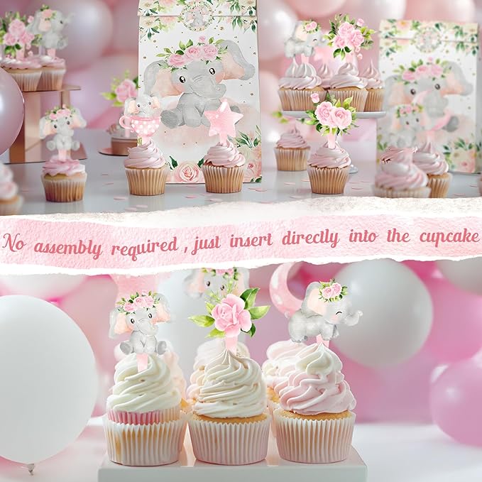 40 Pcs Girl Elephant Cupcake Toppers - Adorable Elephant Party Decorations and Baby Shower Cake Decor - Perfect for Girl Elephant Birthday Cupcake Toppers, Baby Shower, and Pink Elephant Party