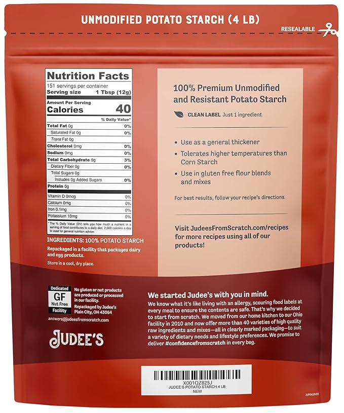 Judee’s Bulk Unmodified Potato Starch 40lb (4lb Pack of 10) - Great for Thickening, Cooking, and Baking - 100% Non-GMO, Gluten-Free, and Nut-Free - Resistant to High Temperatures