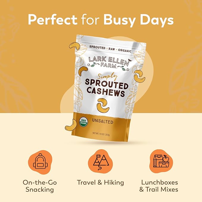 Lark Ellen Farm Unsalted Organic Raw Cashews, Sprouted, Air-Dried, Gluten-Free, Non-GMO, Vegan, Keto, Certified USDA, Peanut-Free Facility, Resealable Bag (10 oz, 6 pack)