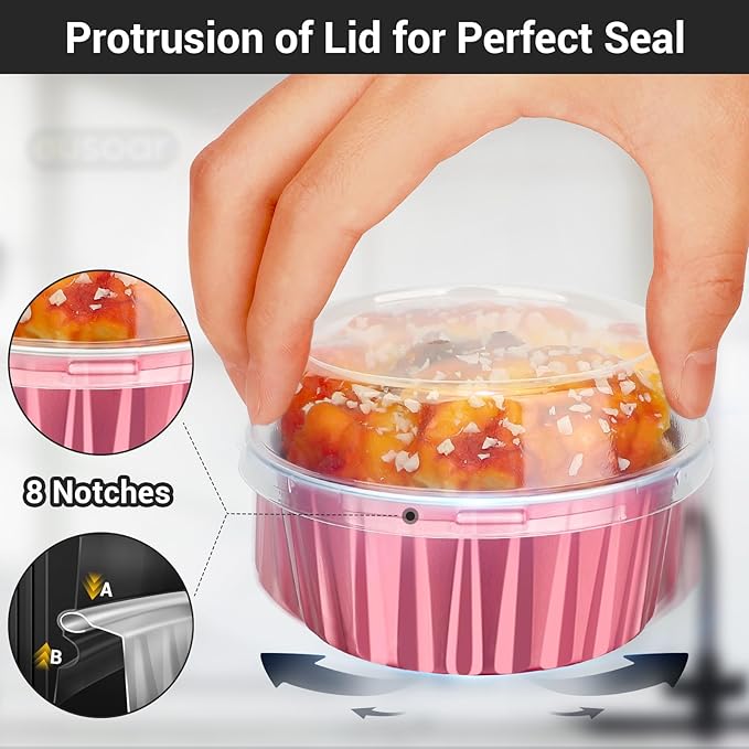 EUSOAR Disposable Ramekins with Lids, 60pcs 5oz Foil Dessert Cups, Aluminum Baking Cups Liners Mini Cupcake Containers Cheesecake Creme Brulee Ramekins for Wedding Party Catering Gathering-Carmine