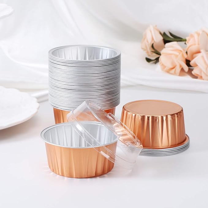 EUSOAR Disposable Foil Ramekins with Lids, 60pcs 5oz Cupcake Liners Aluminum Foil Baking Dessert Cups, Mini Muffin Creme Brulee Ramekins Cheesecake Pan for Catering Wedding Party Favor-Rose Gold