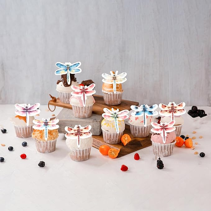 Rsstarxi 60 Pack Insect Dragonfly Edible Cake Toppers Rice Paper Insect Themed Birthday Cupcake Picks for Baby Shower Birthday Wedding Anniversary Party Cake Decorations