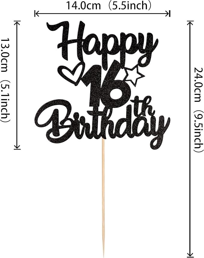 1 Pack Happy 16th Birthday Cake Topper Glitter Heart Star 16 Fabulous Cake Pick Birthday Sign Cake Decorations for Children 16th Birthday Theme Party Supplies Black