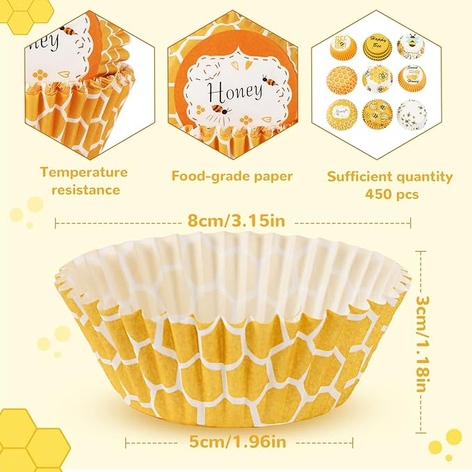 SANNIX 450pcs Yellow Cupcake Liners - 9 Bee Designs for Parties & Celebrations