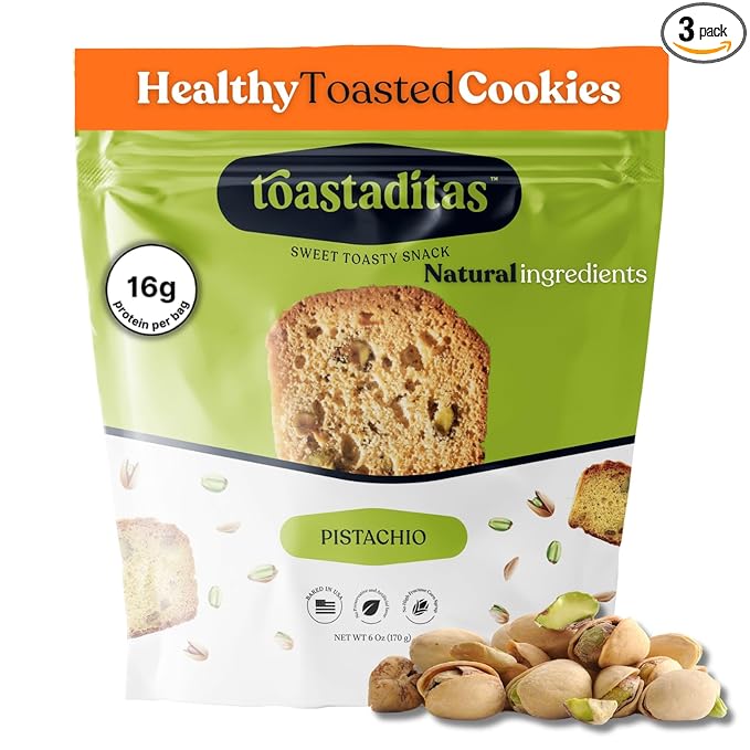 Toastaditas Pistachio Toasted Cookies, 16g of Protein, Natural Ingredients, No Artificial Flavors, Healthy Snacks for kids and adults (3-Pack, Pistachio)