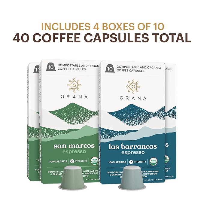 G GRANA Coffee Pods, Compatible with Nespresso OriginalLine, 40 Count, Medium and Dark Roast, USDA Organic 100% Arabica Single Source Specialty Coffee, Compostable Single Serve Capsules