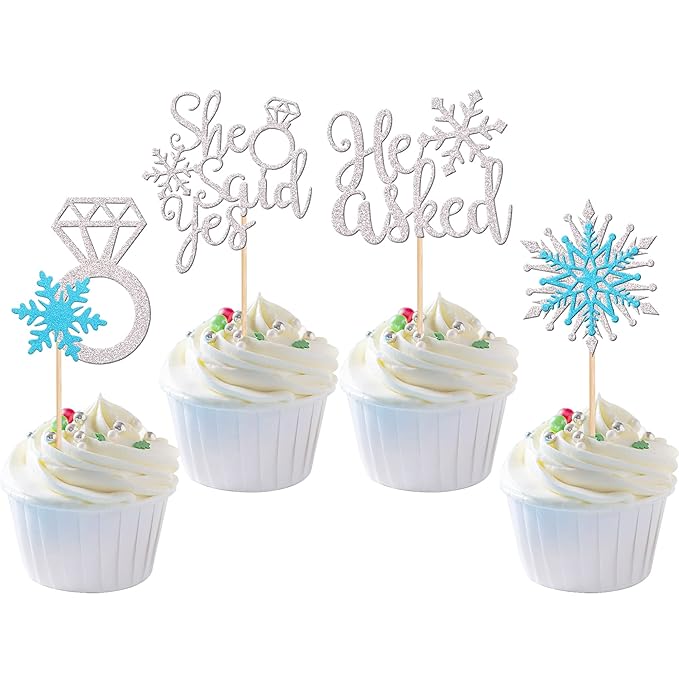 24 PCS He Asked She Said Yes Cupcake Toppers Glitter Diamond Ring Snowflake Cupcake Picks Bridal Shower Cake Decorations for Winter Wonderland Wedding Engagement Party Cake Decorations Supplies