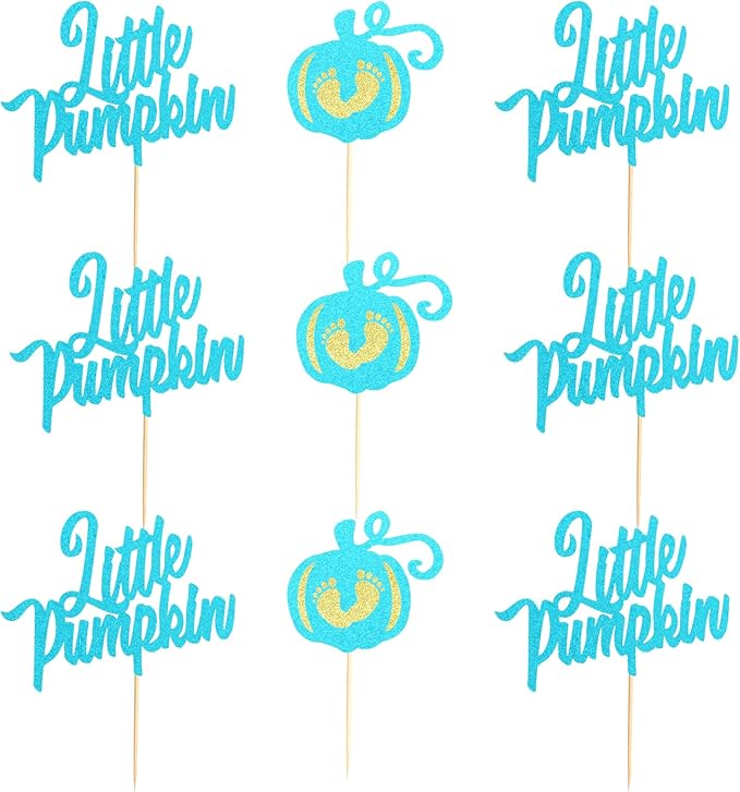 24Pcs Little Pumpkin Cupcake Toppers Pumpkin Baby Shower Cake Decorations Baby Feet Pumpkin Cupcake Picks for Thanksgiving Halloween Kids Birthday Party Decorations - Bule Glitter