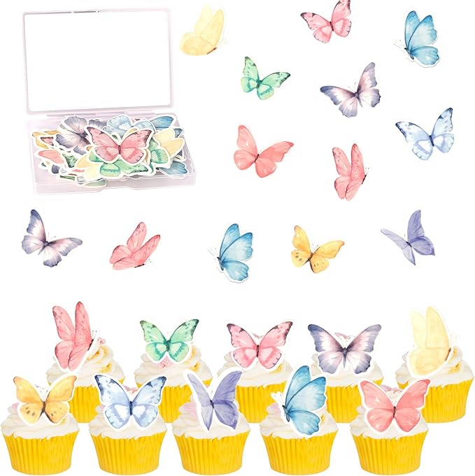 Rsstarxi 60 Pack Edible Butterfly Cupcake Toppers, Wafer Paper Butterfly Cake Decorations, Theme Birthday Party Decorations for Baby Shower Wedding Anniversary Party Decorations Supplies