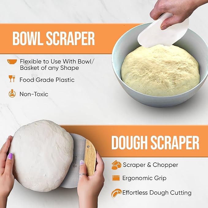 Complete Sourdough Starter Kit and Sourdough Bread Baking Supplies - Includes 9" Banneton Proofing Basket, 34oz Sourdough Starter Jar, Silicone Bread Sling, Scrapers, Bread Lame and Measuring Spoons