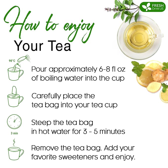 FreshDrinkUS, Premium Tulsi Peppermint Herbal Tea ??55 Tea Bags, 100% Natural, Blend of Tulsi Holy Basil Leaves, and Peppermint Leaves. Made with Natural Material Tea Bags. No Sugar, Vegan.