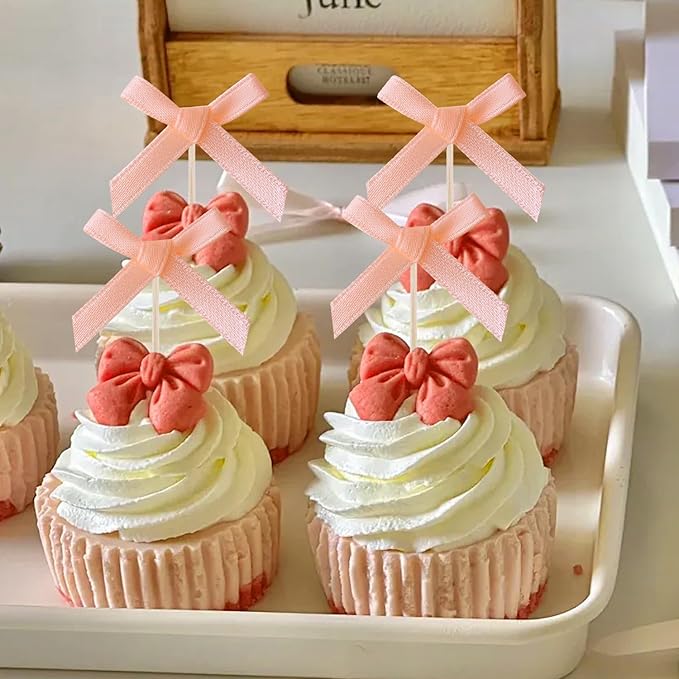 24Pcs Bow Birthday Decorations Cupcake Toppers Supplies Rose Gold Bow Baby Shower Cupcake Toppers Decorations for Girl Party Supplies Coquette Birthday Decorations
