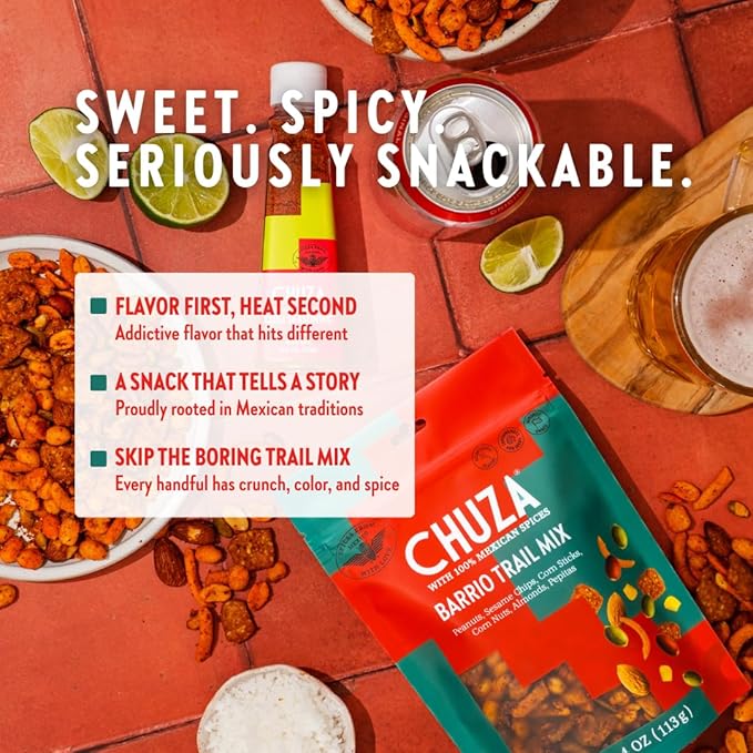 CHUZA Barrio Trail Mix ??Spicy Crunchy Snack with 100% Mexican Spices ??Peanuts, Corn Nuts, Almonds, Pepitas, Corn Sticks & Sesame Chips ??High Protein, Gluten-Free ??4 oz (Pack of 2)