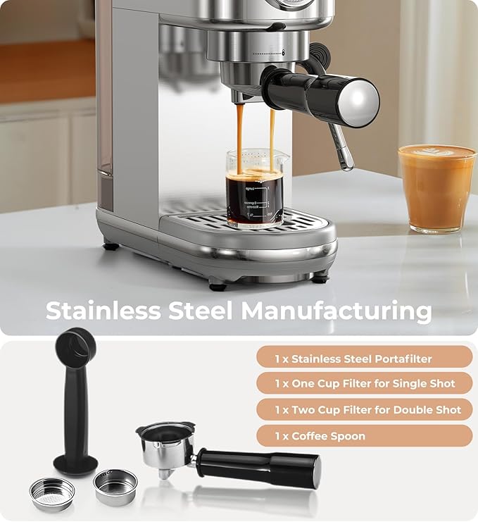 Espresso Machine with Milk Frother, 20 Bar High Pressure Professional Espresso Maker Automatic, Compact Stainless Steel Coffee Machine for Cappuccino, Latte, Gift for Coffee Lover, Silver